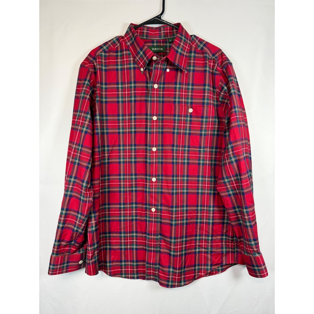 Orvis Mens Red Tartan Plaid Button Down Shirt Long Sleeve Stretch Large